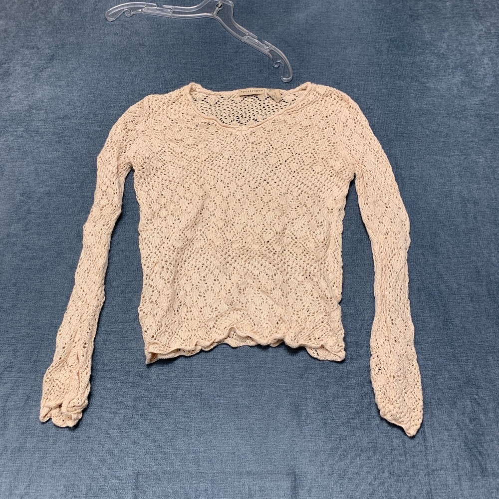 Apostrophe Open Knit Cropped Top Womens Medium Beige Cotton Long Sleeve Casual